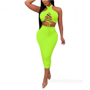 Womens Sexy 2 Piece Dress Outfits - Halter Bandage Lace Up Crop Tops + Bodycon Pencil Midi Skirts Sets Clubwear