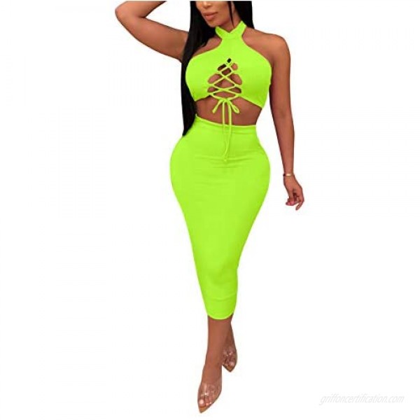 Womens Sexy 2 Piece Dress Outfits - Halter Bandage Lace Up Crop Tops + Bodycon Pencil Midi Skirts Sets Clubwear