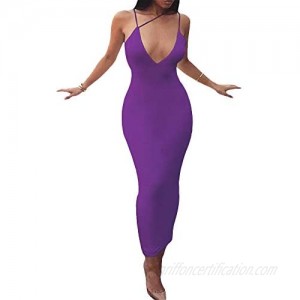 Women's Sexy Asymmetrical Diagonal Spaghetti Strap V Neck Bodycon Club Party Night Midi Long Dresses