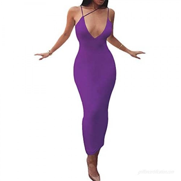 Women's Sexy Asymmetrical Diagonal Spaghetti Strap V Neck Bodycon Club Party Night Midi Long Dresses