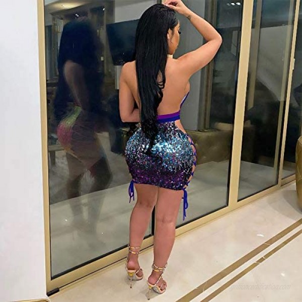 Women's Sexy Halter Sequin Dress Backless Deep V-Neck Spagetti Straps Bandage Bodycon Mini Dress Party Clubwear