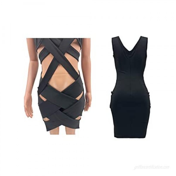 Women's Sexy Hollow Out Dress V Neck Cross Bandage Sleeveless Party Bodycon Mini Dresses Clubwear