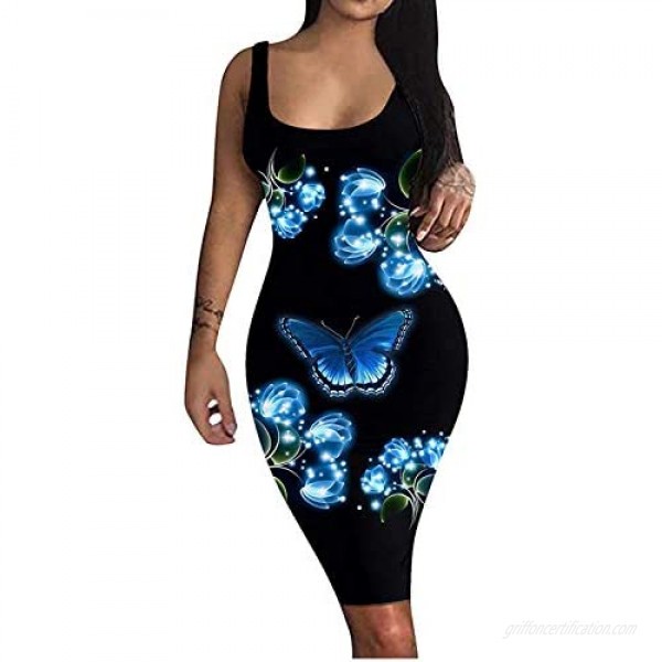 Women's Sexy Printing Bodycon Tank Dress Summer Sleeveless Basic Casual Midi Party Club Night Out Dresses