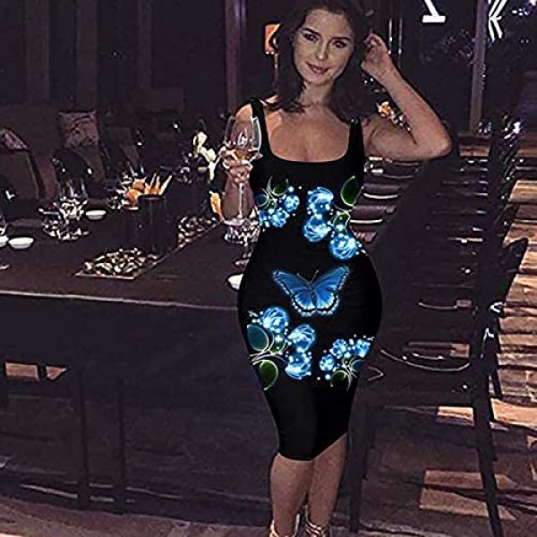 Women's Sexy Printing Bodycon Tank Dress Summer Sleeveless Basic Casual Midi Party Club Night Out Dresses