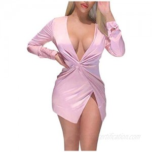 Women's Sexy Satin Ruched Deep V Neck Mini Dress Silky Long Sleeve Low Cut High Split Night Club Party Slim Fit Dresses