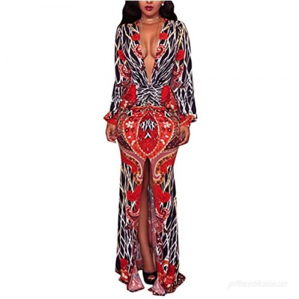 Womens Sexy V Neck 3/4 Sleeve Floral Long Maxi Dresses Casual Loose Party Plus Size Dress with Belt