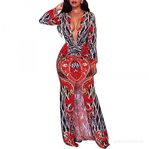 Womens Sexy V Neck 3/4 Sleeve Floral Long Maxi Dresses Casual Loose Party Plus Size Dress with Belt