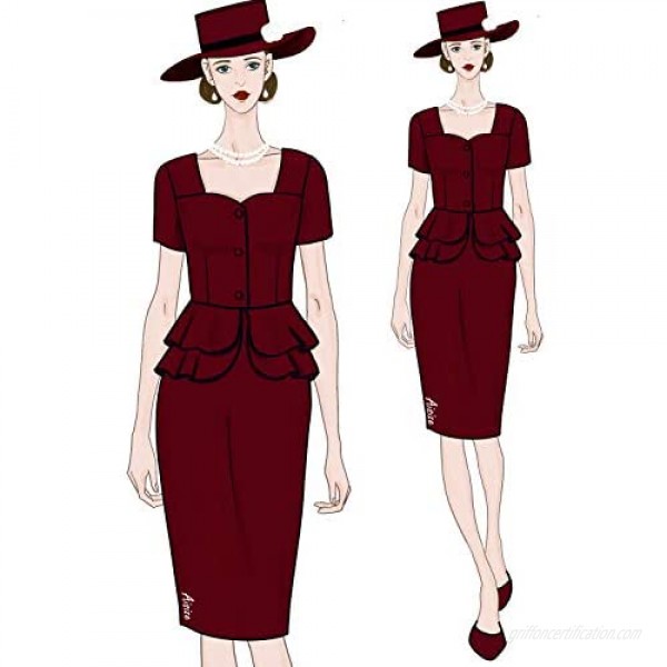AISIZE Women's 1940s Vintage Square Peplum Bodycon Cocktail Dress