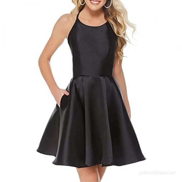 DDMIX Satin A-line Homecoming Dresses for Juniors with Pockets Women Short Formal Cocktail Dress