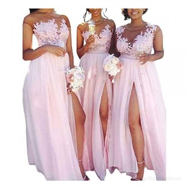 jieprom Women's Sheer Neck A Line Chiffon Bridesmaid Dress Lace Split Prom Dress