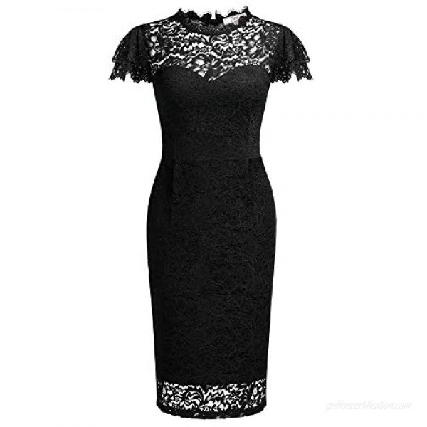 MISSMAY Women's Vintage Floral Lace Ruffle Sleeve Cocktail Party Slim Pencil Dress