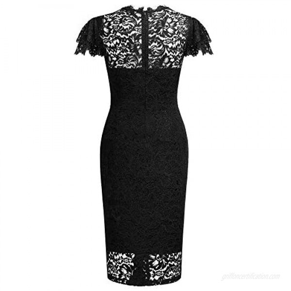 MISSMAY Women's Vintage Floral Lace Ruffle Sleeve Cocktail Party Slim Pencil Dress