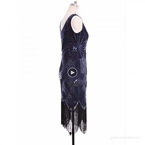 Women's 1920s Gatsby Dress V Neck Sequin Bead Fringed Cocktail Hem Flapper Dress