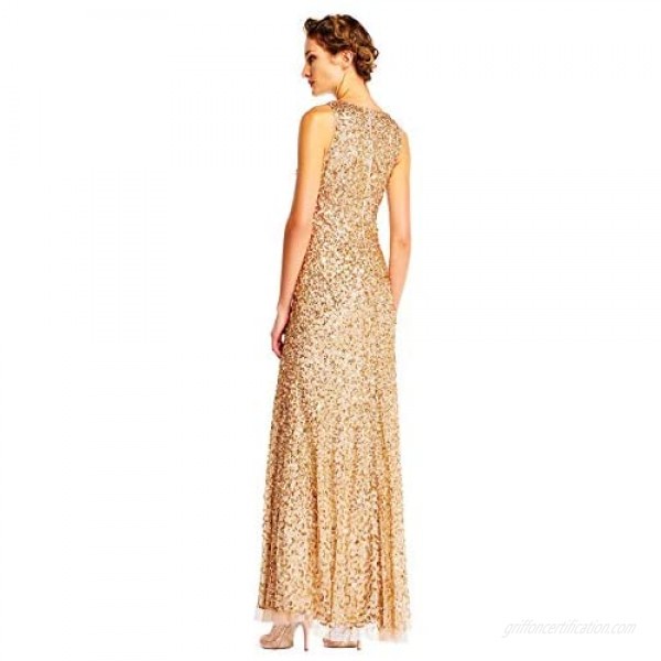 Adrianna Papell Women's Champagne Gold Halter Crunchy Beaded Gown 12