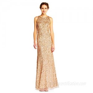 Adrianna Papell Women's Champagne Gold Halter Crunchy Beaded Gown 12