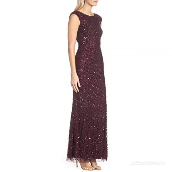 Adrianna Papell Women's Sequin Beaded Gown with Cap Sleeves and Boat Neckline