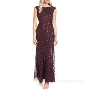 Adrianna Papell Women's Sequin Beaded Gown with Cap Sleeves and Boat Neckline