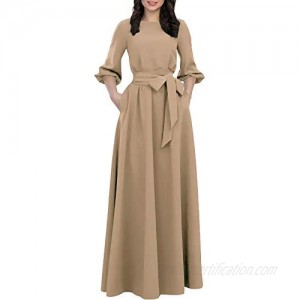 AOOKSMERY Women Elegance Audrey Hepburn Style Round Neck 3/4 Puff Sleeve Swing Maxi Dress Long Belt Dresses with Pockets