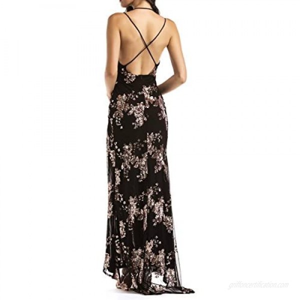 BerryGo Women's Sexy Backless Halter High Split Floral Sequin Maxi Dress