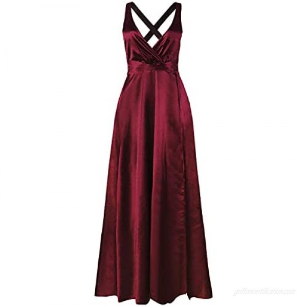Joukavor Women's Maxi Sleeveless Satin V Neck Dress High Split Backless Evening Gown