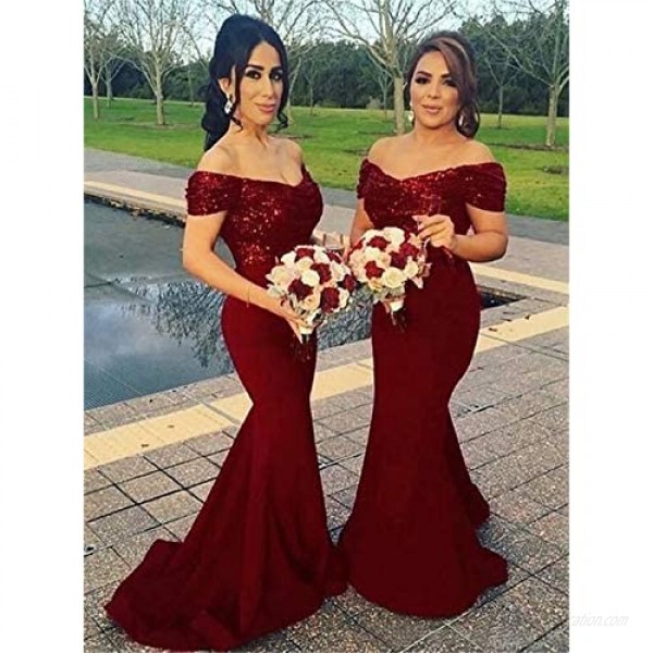 LeoGirl Women's Off Shoulder Sequins Satin Bridesmaid Dress Long Mermaid Wedding Party Gowns 2021