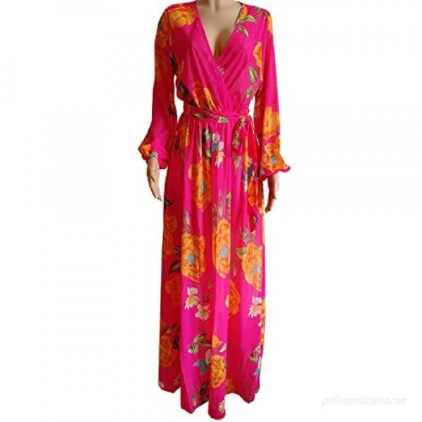 lvenzse Womens Maxi Dress Boho Chiffon Floral Printed Long Party Dresses Plus Size with Belt (S-5XL)