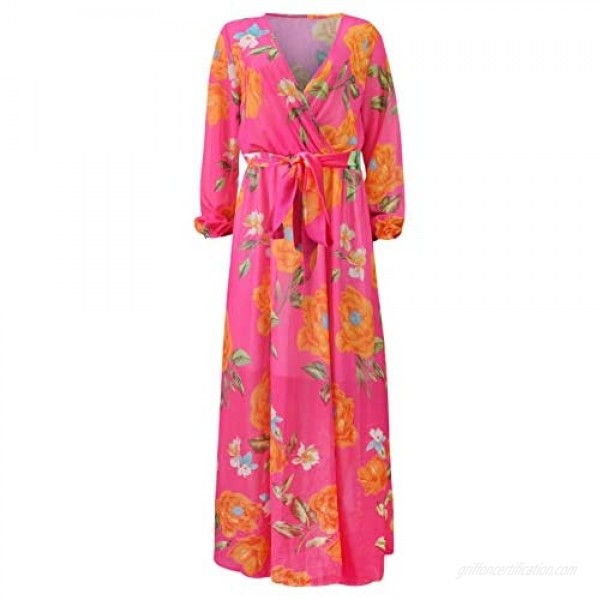 lvenzse Womens Maxi Dress Boho Chiffon Floral Printed Long Party Dresses Plus Size with Belt (S-5XL)