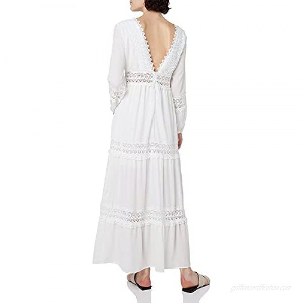 SUNJIN ACRO Women's Sexy Deep V Neck Elegant Lace Backless Long Sleeve Boho White Maxi Dress