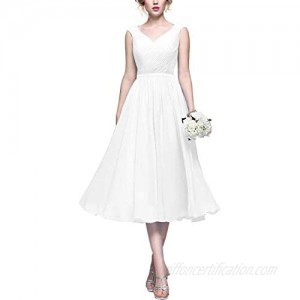 Wedding Bridesmaid Dresses V-Neck Tea Length A Line Chiffon Formal Dress for Women B003