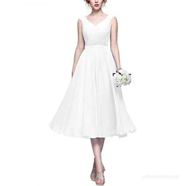 Wedding Bridesmaid Dresses V-Neck Tea Length A Line Chiffon Formal Dress for Women B003