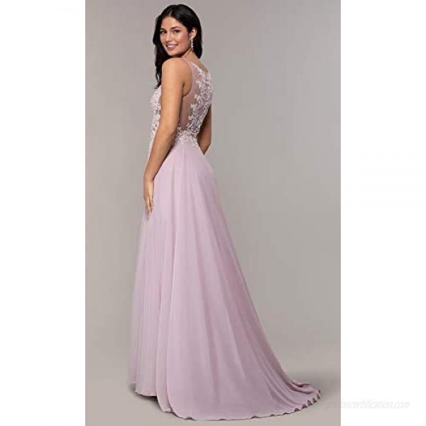 Women's Sheer V-Neck Lace Appliqued Prom Dress A-line Long Slit Formal Evening Party Gowns