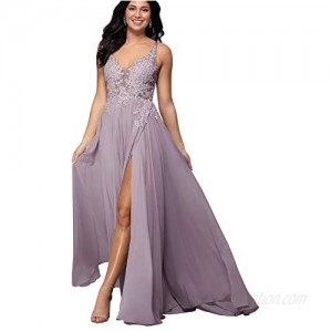 Women's Sheer V-Neck Lace Appliqued Prom Dress A-line Long Slit Formal Evening Party Gowns