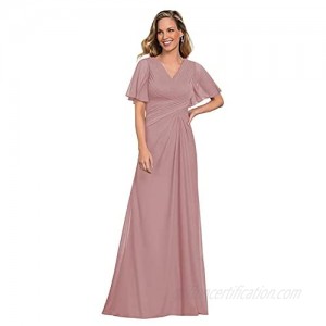 Women's V Neck Ruched Chiffon Mother of The Bride Dresses with Sleeves Long Prom Evening Gown