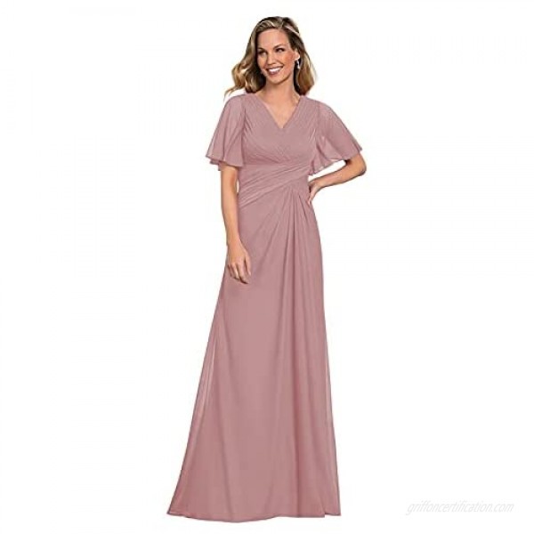 Women's V Neck Ruched Chiffon Mother of The Bride Dresses with Sleeves Long Prom Evening Gown