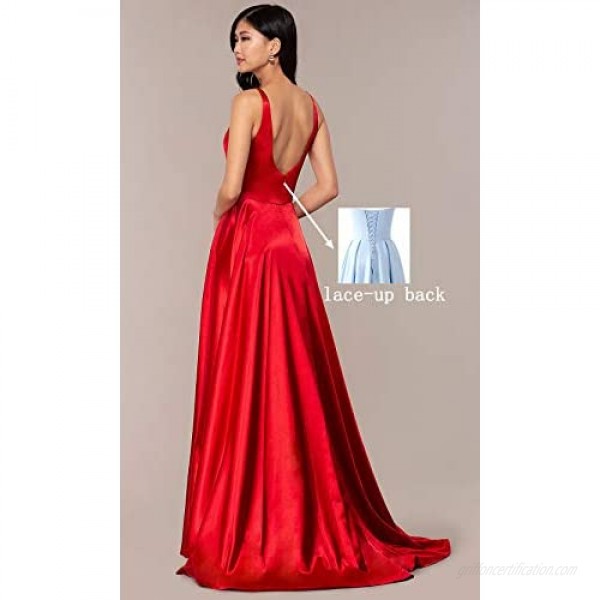 YGSY Women's V-Neck A Line Satin Long Prom Dress Slit Formal Evening Gown with Pockets