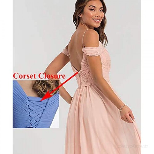 Yilis Women's Cold Shoulder V Neck A Line Pleated Chiffon Bridesmaid Dress Long Evening Prom Dresses Party Gown