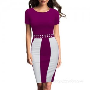 FORTRIC Women Short Sleeve Round Neck Elegant Bodycon Wear to Work Party Dress