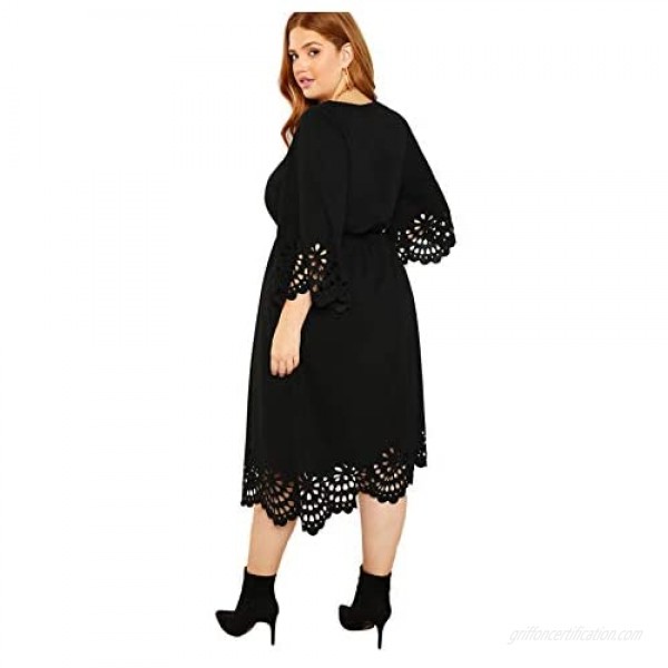 Romwe Women's Plus Laser Cut Out Solid Scallop A-line Dress