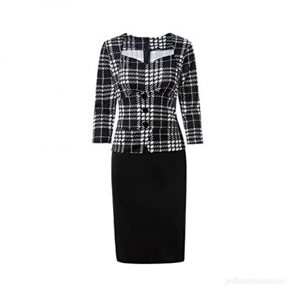 Womens Elegant Formal Dress 3/4 Sleeve Plaid Work Business One-Piece Pencil Dress Knee Length