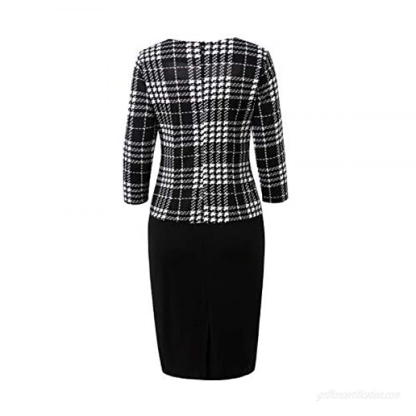 Womens Elegant Formal Dress 3/4 Sleeve Plaid Work Business One-Piece Pencil Dress Knee Length