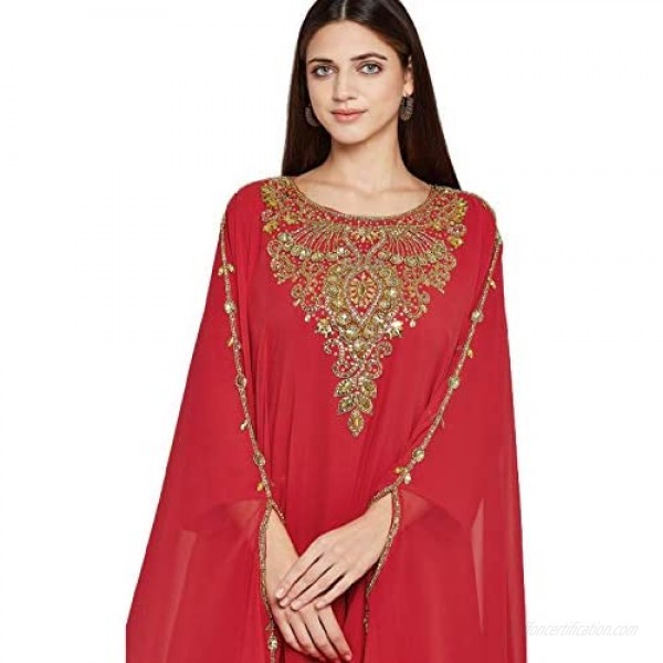 ANIIQ Women Dubai Kaftan Farasha Caftan Long Maxi Dress Long Sleeves Georgette Ethnic Bridal Evening Party Wedding Dress Color- Red