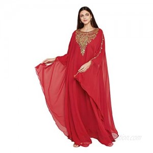 ANIIQ Women Dubai Kaftan Farasha Caftan Long Maxi Dress Long Sleeves Georgette Ethnic Bridal Evening Party Wedding Dress Color- Red