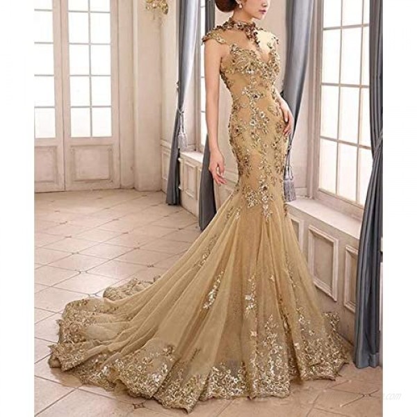 Elliebridal Gold Lace Formal Party Evening Prom Women's Bridal Ball Gown Wedding Dress with Train Long for Bride