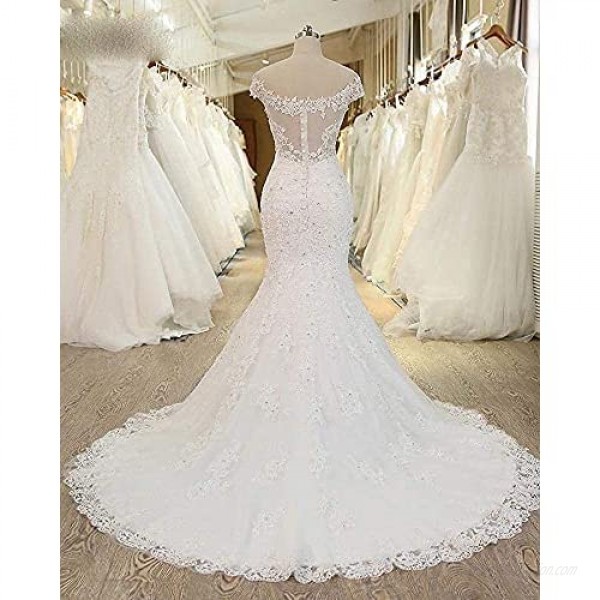 iluckin 2021 Women's Off The Shoulder Lace Mermaid Wedding Dresses with Train Bridal Ball Gown for Bride Plus Size