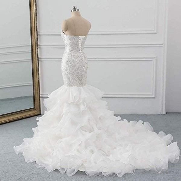 iluckin Crystal Women's Sweetheart Mermaid Wedding Dresses for Bride 2021 Organza Ruffles Bridal Gowns with Train Long