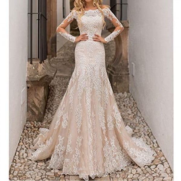 iluckin Women's Long Sleeves Lace Mermaid Wedding Dress with Detachable Train for Bride Bridal Ball Prom Party Gowns