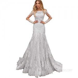 iluckin Women's Long Sleeves Lace Mermaid Wedding Dress with Detachable Train for Bride Bridal Ball Prom Party Gowns