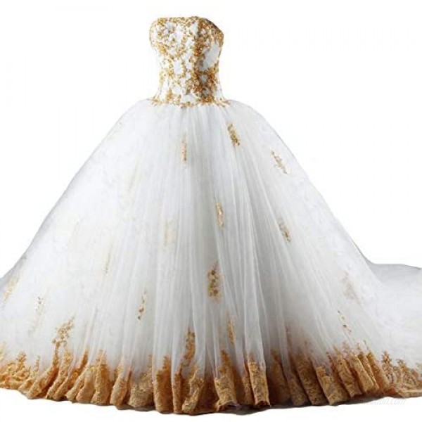 Kivary Gold Lace Beaded Long Ball Gown Chapel Train Tulle Bridal Wedding Dresses