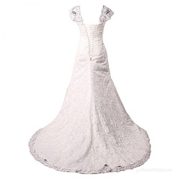 Kivary Women's A Line Lace White Wedding Dresses with Sheer Cap Sleeves