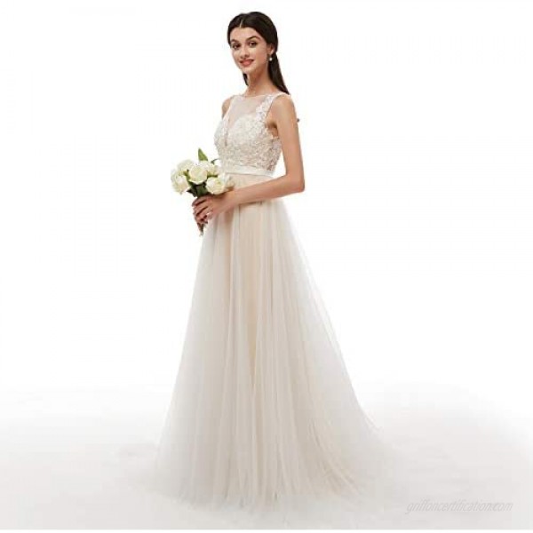 Leyidress Beach Wedding Dress A-Line Bridal Gown Ivory Pearl Tulle Women Dress